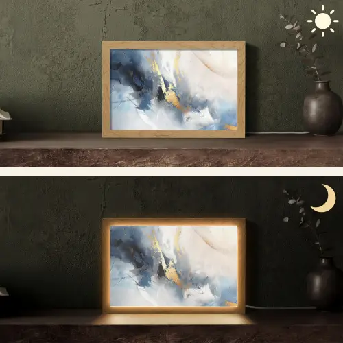 Blauw - Modern - Marmer - Abstract - Goud Light Box met kabel (Tafellamp) klein -sfeer3