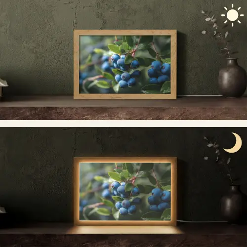 Blauwe bessen - Dauwdruppels - Natuurlijk licht Light Box met kabel (Tafellamp) klein -sfeer3