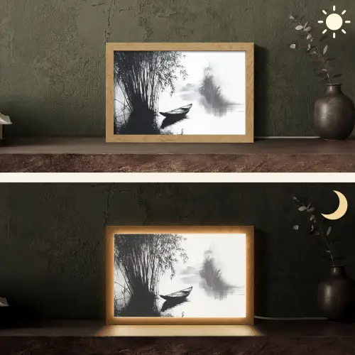 Boot - Rivier - Bamboe - Wit Light Box met kabel (Tafellamp) klein -sfeer3