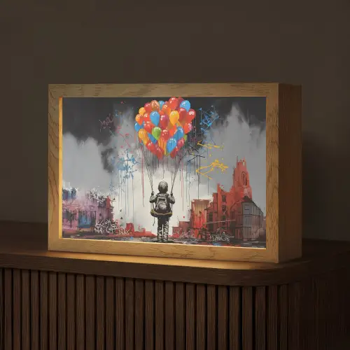 Jongen - Ballonnen - Gebouwen - Kunst Light Box met kabel (Tafellamp) klein -z3d_website