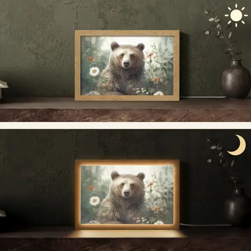 Bruine beer - Wilde dieren - Bloemen - Planten Light Box met kabel (Tafellamp) klein -sfeer3