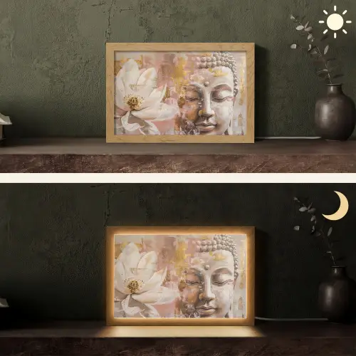 Buddha - Bloem - Goud - Roze - Abstract Light Box met kabel (Tafellamp) klein -sfeer3