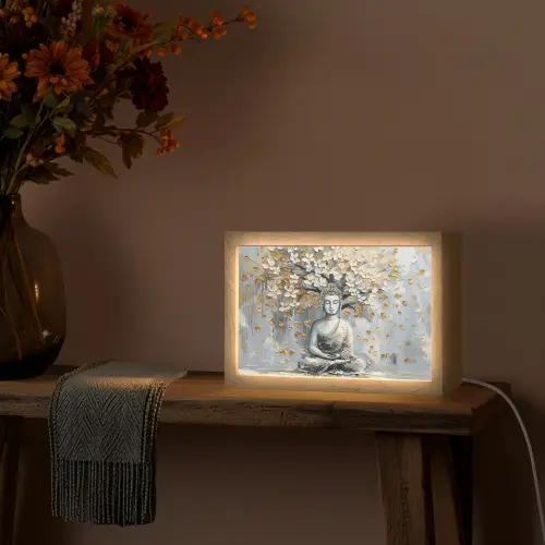 Boeddha - Bloemen - Boom - Goud - Modern Light Box met kabel (Tafellamp) klein -sfeer4