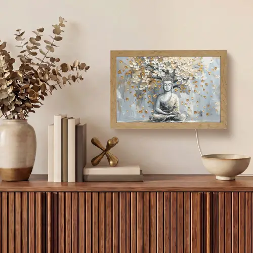 Boeddha - Bloemen - Boom - Goud - Modern Light Box met kabel (Tafellamp) klein -sfeer2