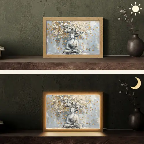 Boeddha - Bloemen - Boom - Goud - Modern Light Box met kabel (Tafellamp) klein -sfeer3