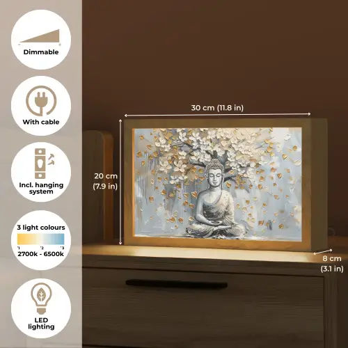 Boeddha - Bloemen - Boom - Goud - Modern Light Box met kabel (Tafellamp) klein -USP_EN