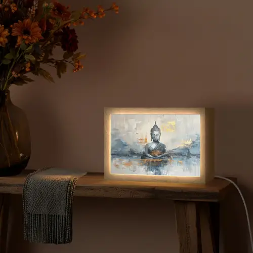 Buddha - Goud - Abstract - Modern Light Box met kabel (Tafellamp) klein -sfeer4