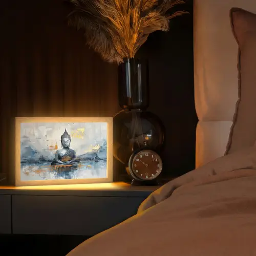 Buddha - Goud - Abstract - Modern Light Box met kabel (Tafellamp) klein -sfeer1
