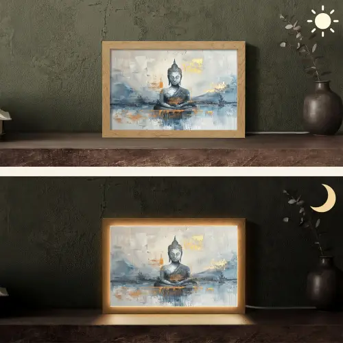 Buddha - Goud - Abstract - Modern Light Box met kabel (Tafellamp) klein -sfeer3