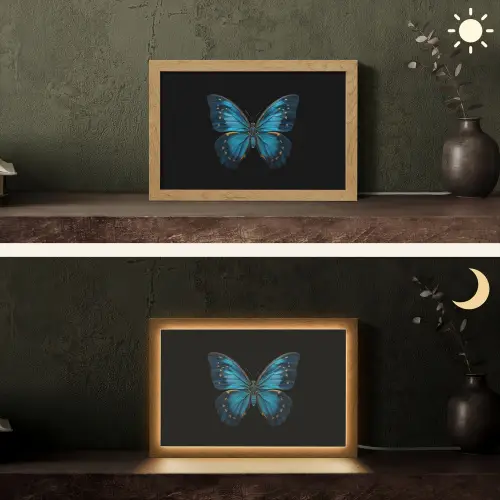 Vlinder - Blauw - Contrast Light Box met kabel (Tafellamp) klein -sfeer3