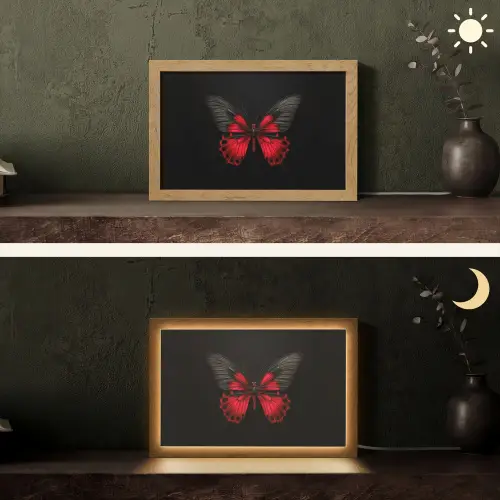 Vlinder - Rood - Contrast Light Box met kabel (Tafellamp) klein -sfeer3
