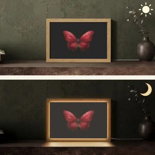 Vlinder - Rood - Minimalistisch Light Box met kabel (Tafellamp) klein -sfeer3