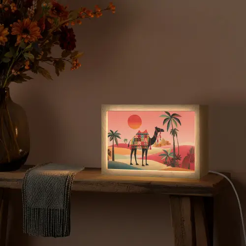 Kameel - Gekleurd tapijt - Duinen - Rode zon Light Box met kabel (Tafellamp) klein -sfeer4