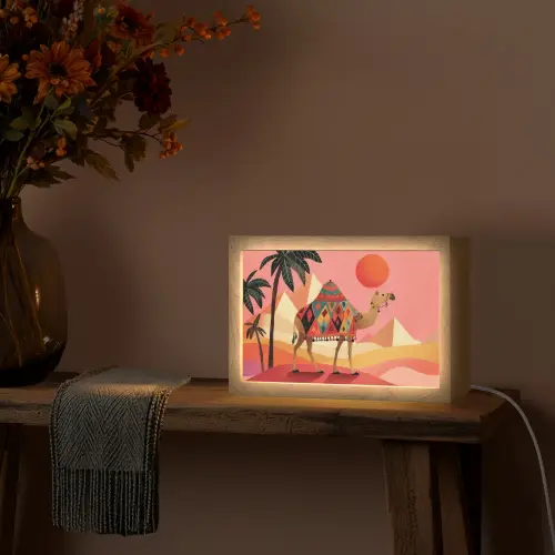 Kameel - Pyramides - Rode zon Light Box met kabel (Tafellamp) klein -sfeer4