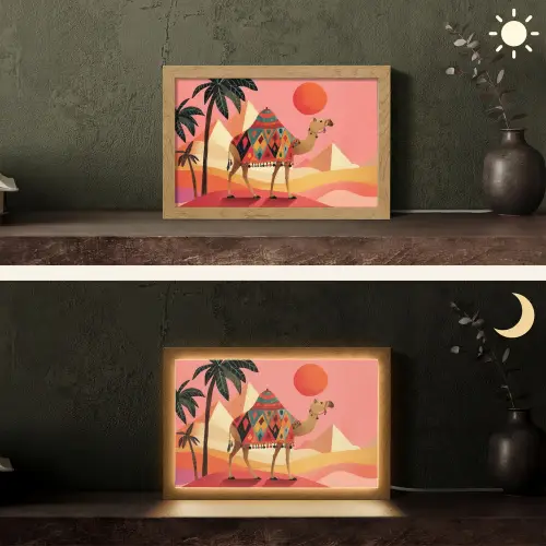 Kameel - Pyramides - Rode zon Light Box met kabel (Tafellamp) klein -sfeer3