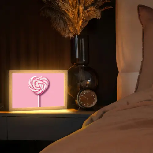 Snoep - Lolly - Hart- Roze Light Box met kabel (Tafellamp) klein -sfeer1