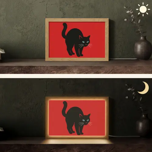 Kat - Zwart - Staart Light Box met kabel (Tafellamp) klein -sfeer3