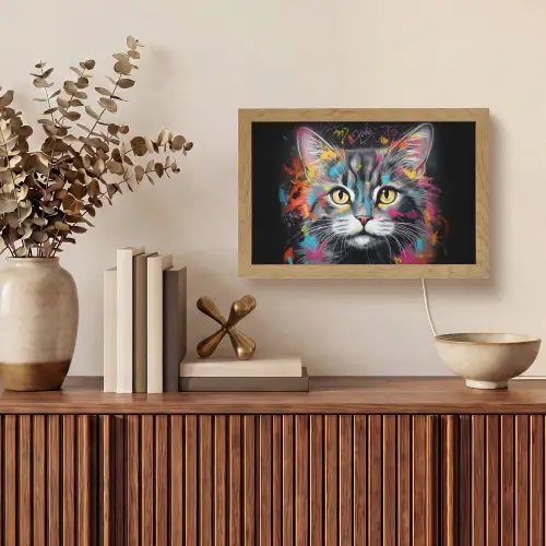 Kat - Graffiti - Dieren - Kleuren - Grijs Light Box met kabel (Tafellamp) klein -sfeer2