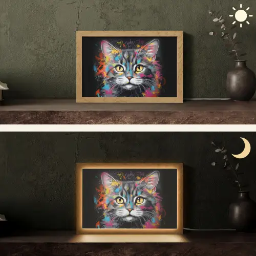 Kat - Graffiti - Dieren - Kleuren - Grijs Light Box met kabel (Tafellamp) klein -sfeer3