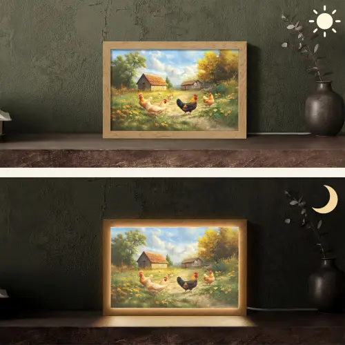 Kippen - Landelijke rust - Natuur Light Box met kabel (Tafellamp) klein -sfeer3