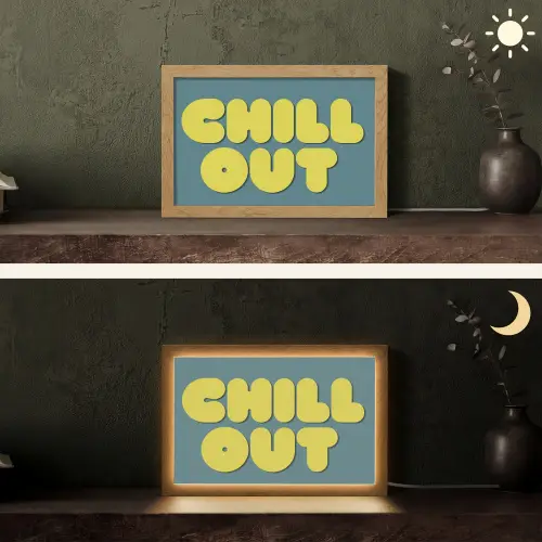 Chill out - Geel - Blauw Light Box met kabel (Tafellamp) klein -sfeer3