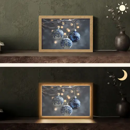 Kerstbal - Versierd - Blauw Light Box met kabel (Tafellamp) klein -sfeer3