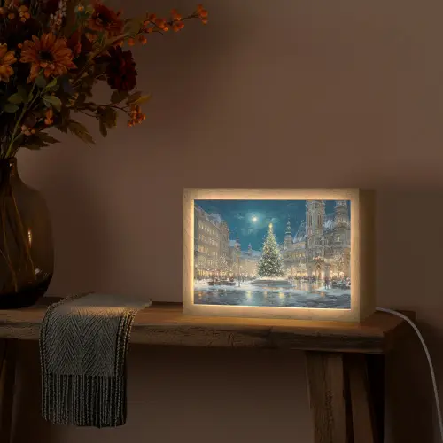 Kerstnacht - Stadsplein - Meerkleurig Light Box met kabel (Tafellamp) klein -sfeer4