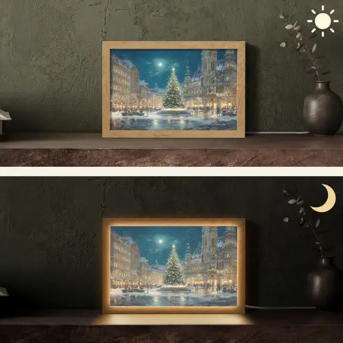 Kerstnacht - Stadsplein - Meerkleurig Light Box met kabel (Tafellamp) klein -sfeer3