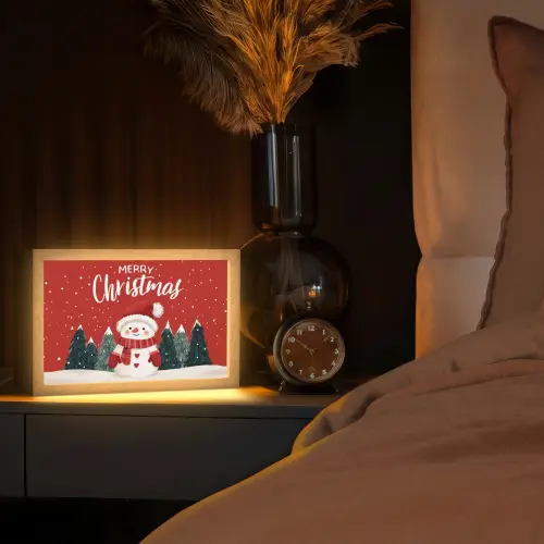 Kerstgroet - Sneeuw - Rood Light Box met kabel (Tafellamp) klein -sfeer1