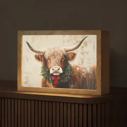 Kerst - Schotse Hooglander - Bruin - Krans Light Box met kabel (Tafellamp) klein -z3d_website
