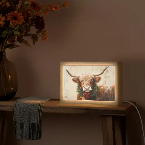 Kerst - Schotse Hooglander - Bruin - Krans Light Box met kabel (Tafellamp) klein -sfeer4