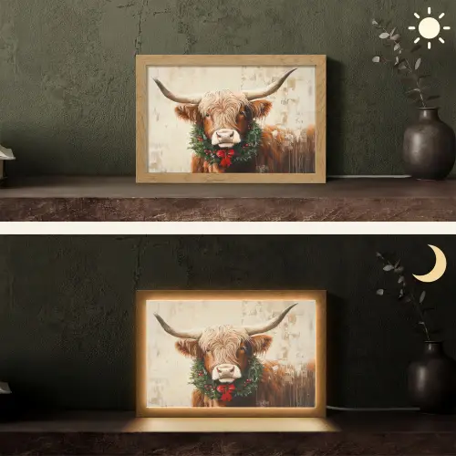 Kerst - Schotse Hooglander - Bruin - Krans Light Box met kabel (Tafellamp) klein -sfeer3