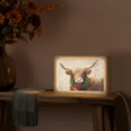 Kerst - Schotse Hooglander - Bruin - Krans Light Box met kabel (Tafellamp) klein -sfeer4
