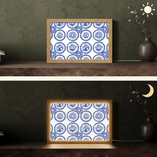 Cirkels - Bloemen - Blauw Light Box met kabel (Tafellamp) klein 924 -sfeer3