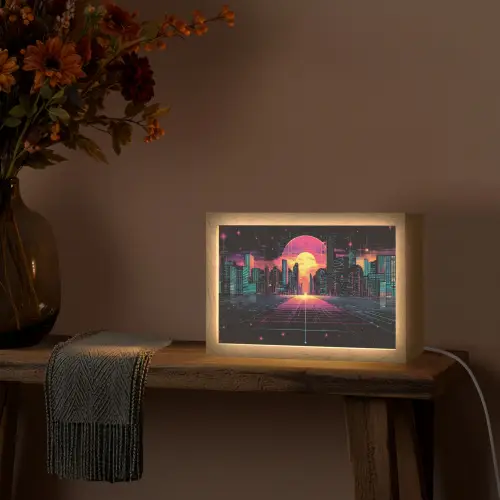 Stad - Gebouwen - Zon - Geel Light Box met kabel (Tafellamp) klein -sfeer4