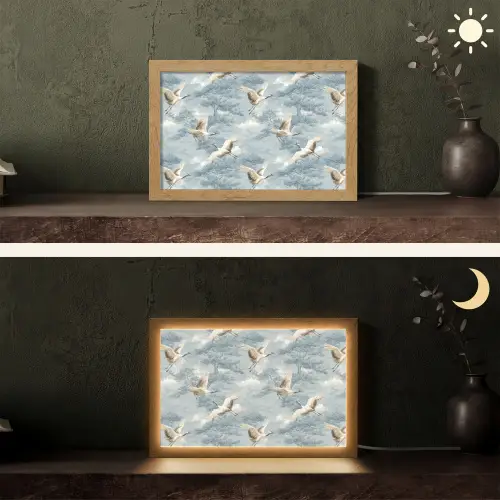 Wolken - Kraanvogels - Blauw Light Box met kabel (Tafellamp) klein 924 -sfeer3