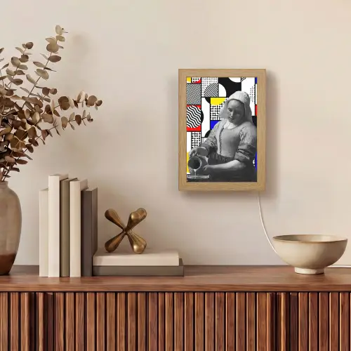 Collage - Mondriaan - Melkmeisje Light Box met kabel (Tafellamp) klein -sfeer2