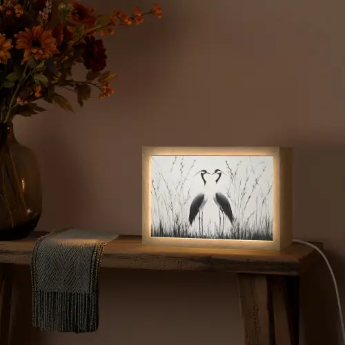 Kraanvogels - Gras - Hartvorm - Zwart Light Box met kabel (Tafellamp) klein -sfeer4