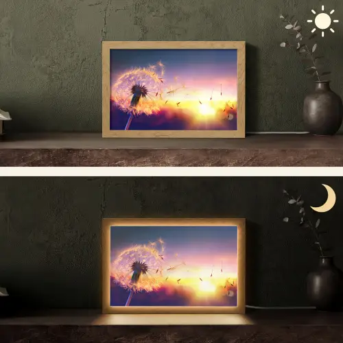 Paardenbloem - Bloemen - Zonsondergang - Horizon - Nacht Light Box met kabel (Tafellamp) klein -sfeer3