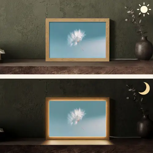 Paardenbloempluisje - Blauw - Lucht Light Box met kabel (Tafellamp) klein -sfeer3