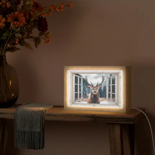 Hert - Dieren - Landschap - Winter - Sneeuw - Doorkijk - Natuur Light Box met kabel (Tafellamp) klein -sfeer4