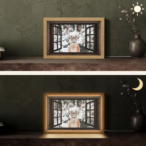 Hert - Sneeuw - Winter - Bos - Dieren - Doorkijk Light Box met kabel (Tafellamp) klein -sfeer3