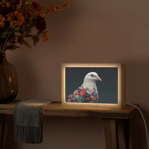 Duif - Bloemen - Wit - Zwart Light Box met kabel (Tafellamp) klein -sfeer4