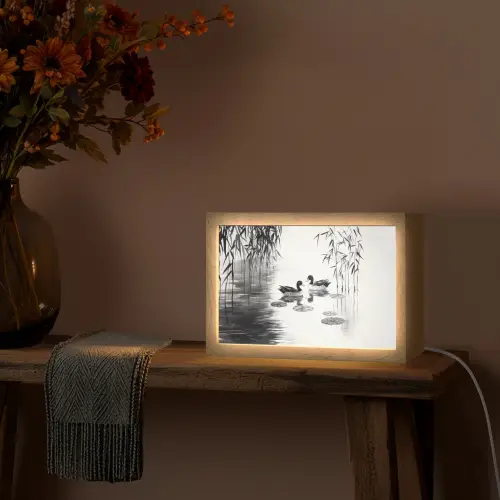 Eenden - Waterlelies - Riet - Zwart Light Box met kabel (Tafellamp) klein -sfeer4