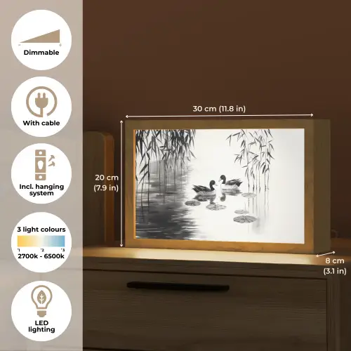 Eenden - Waterlelies - Riet - Zwart Light Box met kabel (Tafellamp) klein -USP_EN