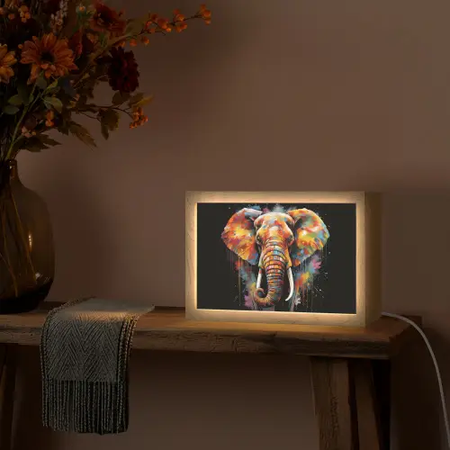 Olifant - Graffiti - Zwart - Dieren - Kleuren Light Box met kabel (Tafellamp) klein -sfeer4