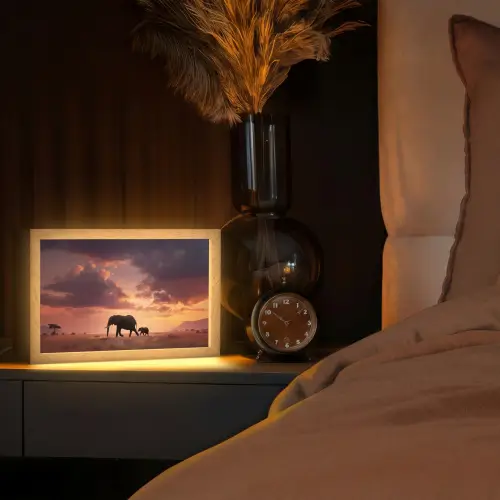 Olifanten - Grasland - Zonsondergang Light Box met kabel (Tafellamp) klein -sfeer1