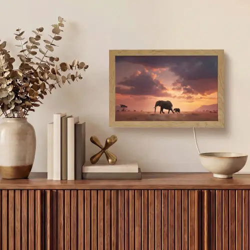 Olifanten - Grasland - Zonsondergang Light Box met kabel (Tafellamp) klein -sfeer2