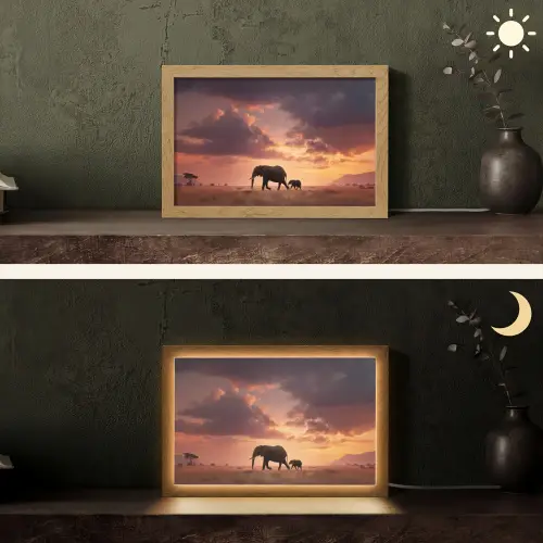 Olifanten - Grasland - Zonsondergang Light Box met kabel (Tafellamp) klein -sfeer3