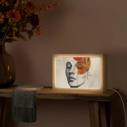 Gezicht - Cirkels - Kunst - Modern Light Box met kabel (Tafellamp) klein -sfeer4